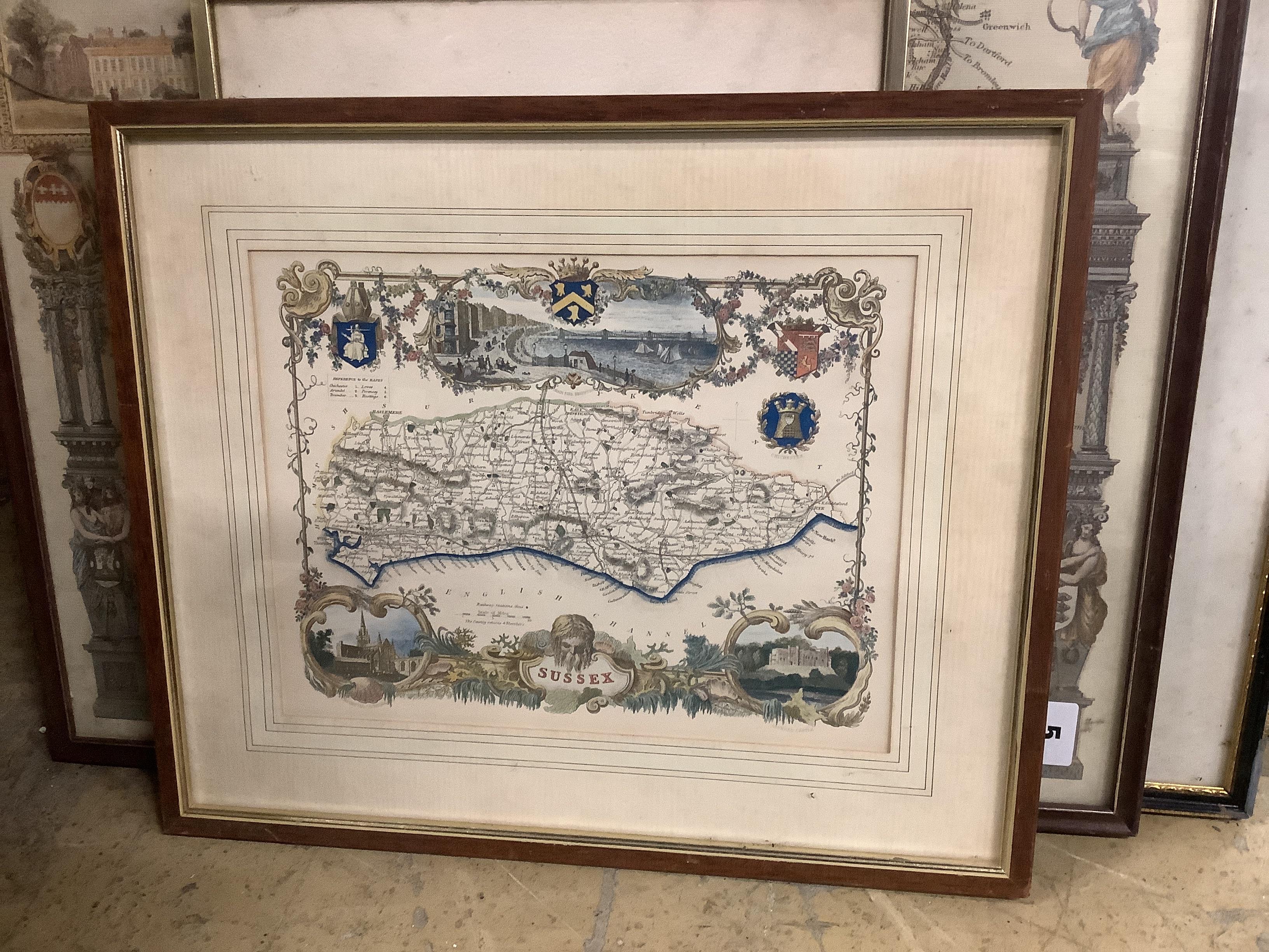 After John Leech a pair of humorous angling prints, three map prints, Sussex, Surrey and Oxfordshire and an engraving, largest 49 x 55cm (7)